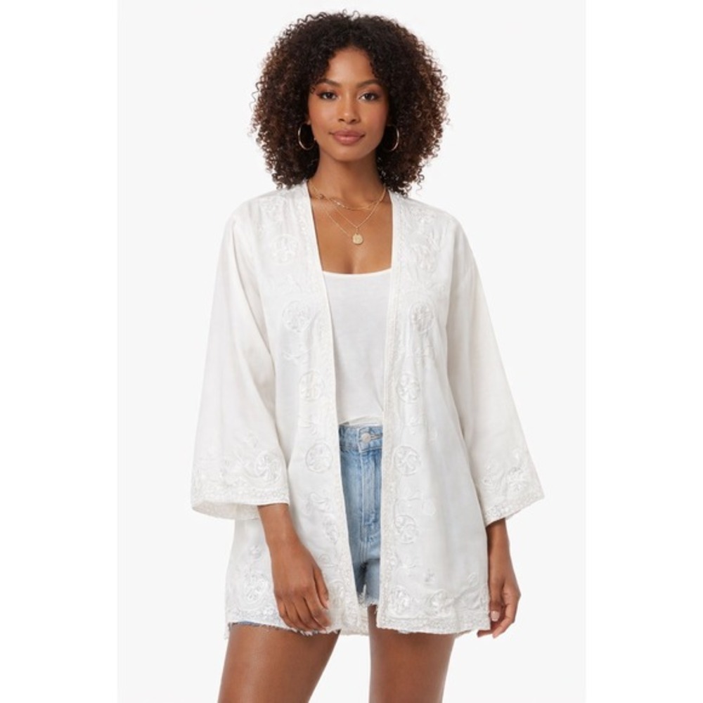 Shermarke White Embroidered Kimono Jacket Open Front Lace Trim OS Boho Chic‎